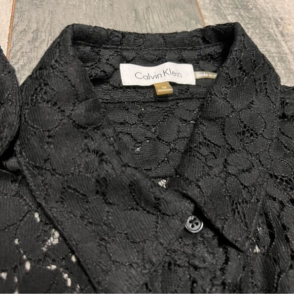 90s Calvin Klein Lace Sheer Black Button Down Tab Sleeve Oversized Tunic Shirt M - Picture 7 of 14